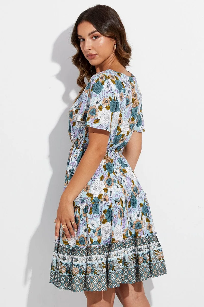 Blue Boho Fit And Flare Dress Short Sleeve Mini V-Neck