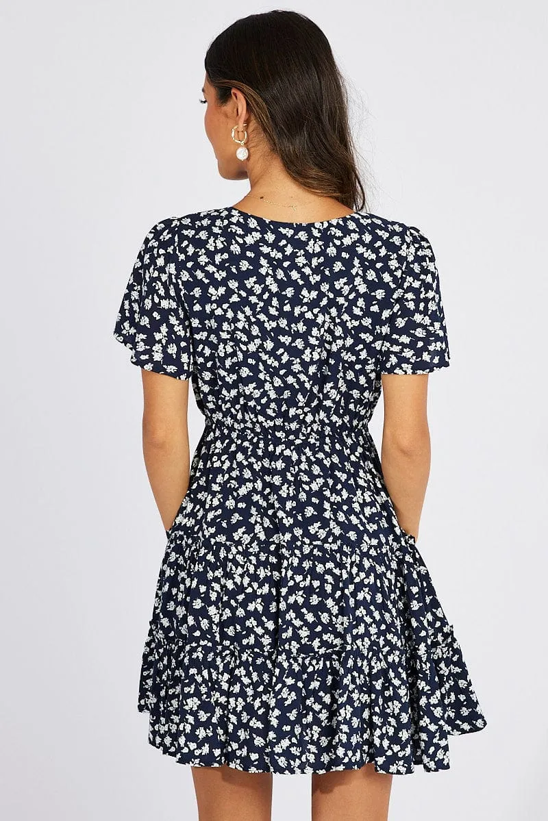 Blue Ditsy Fit And Flare Dress V-neck Mini