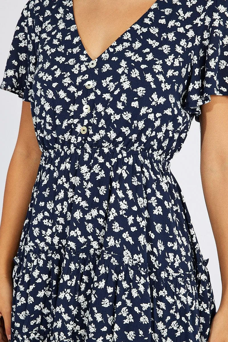 Blue Ditsy Fit And Flare Dress V-neck Mini