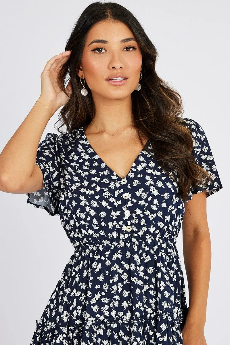 Blue Ditsy Fit And Flare Dress V-neck Mini