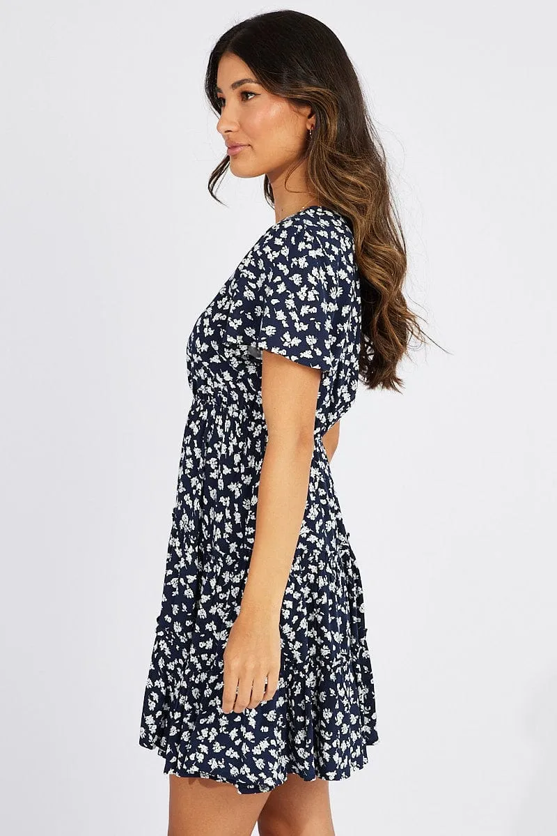 Blue Ditsy Fit And Flare Dress V-neck Mini