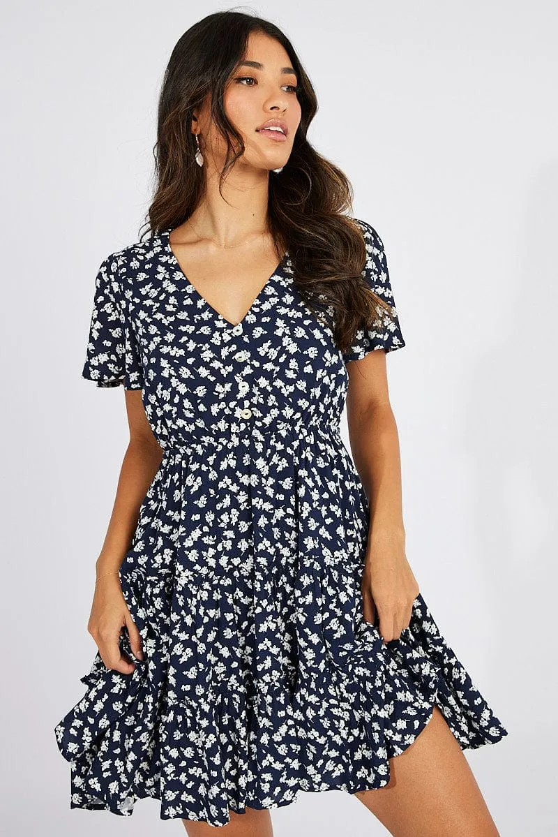 Blue Ditsy Fit And Flare Dress V-neck Mini