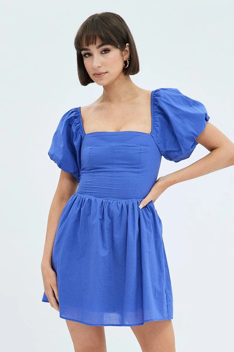 Blue Fit and Flare Dress Short Sleeve