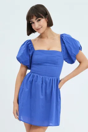 Blue Fit and Flare Dress Short Sleeve