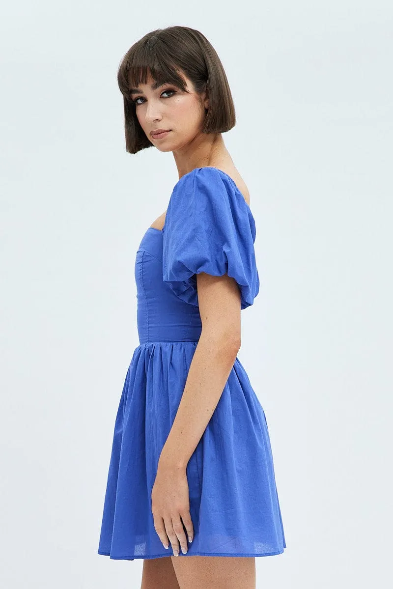 Blue Fit and Flare Dress Short Sleeve