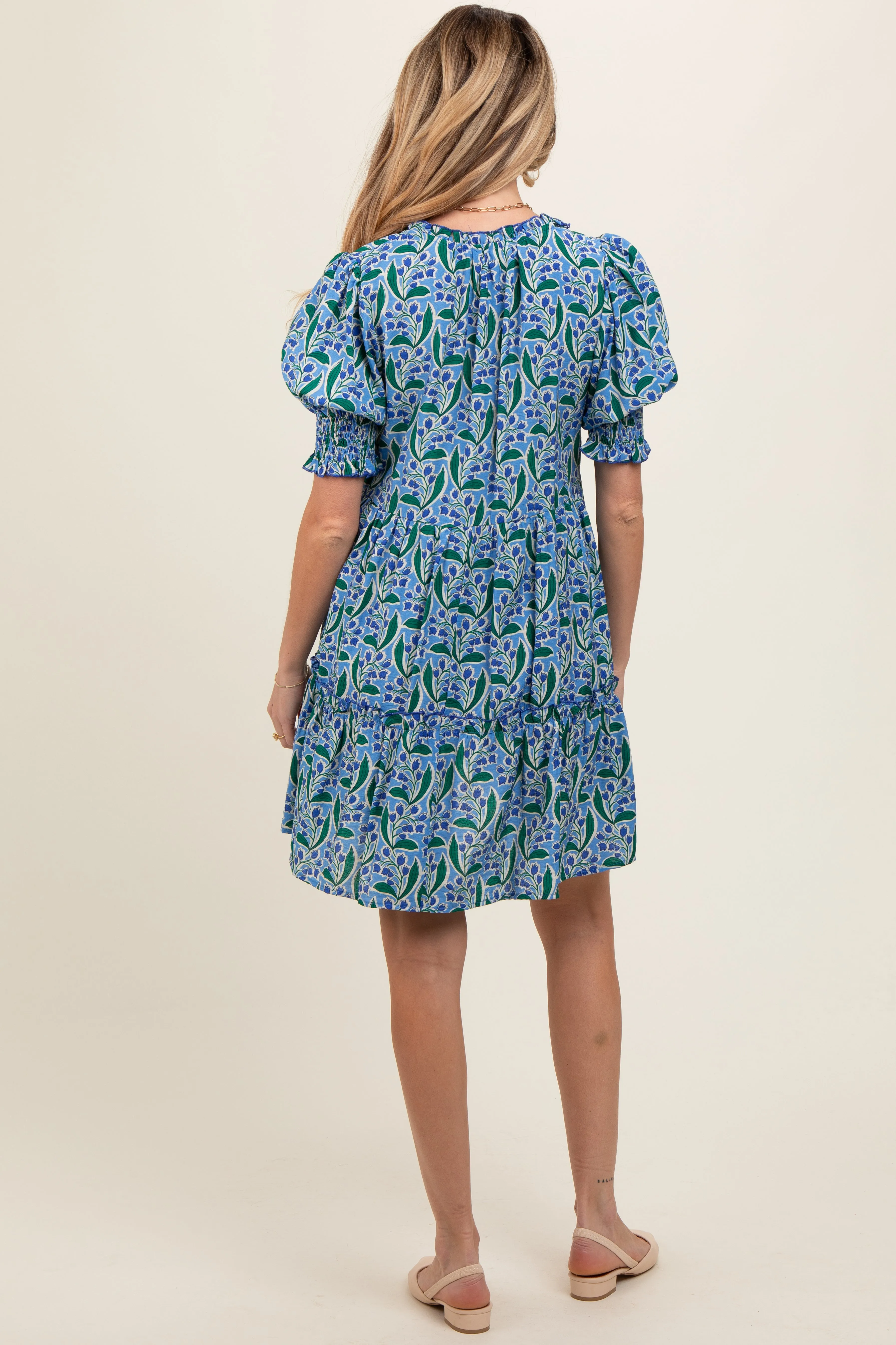 Blue Floral Front Tie Puff Sleeve Maternity Dress