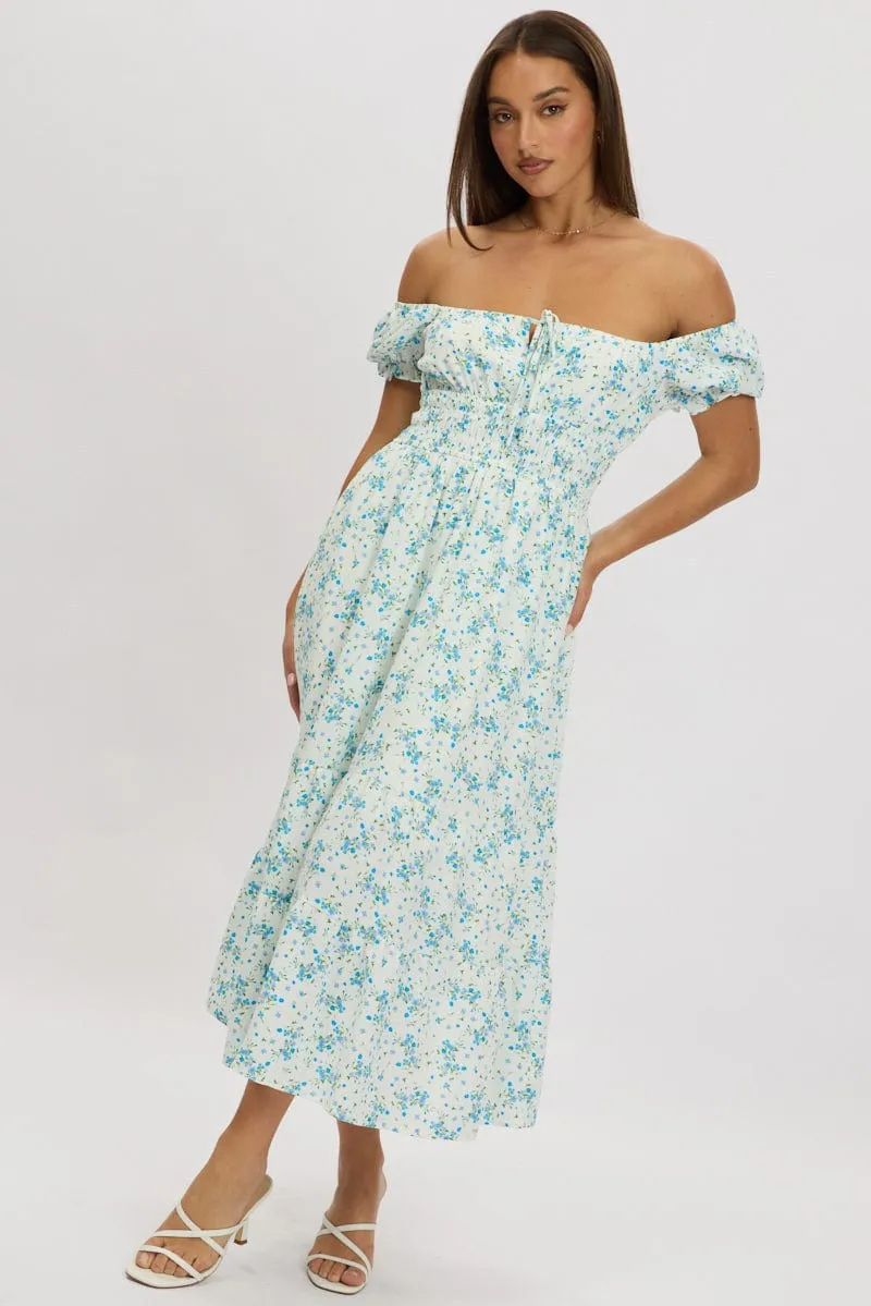 Blue Floral Maxi Dress Puff Sleeve