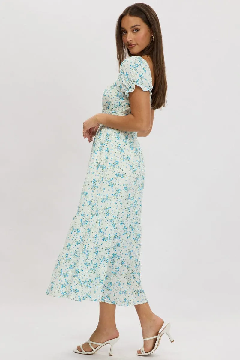 Blue Floral Maxi Dress Puff Sleeve