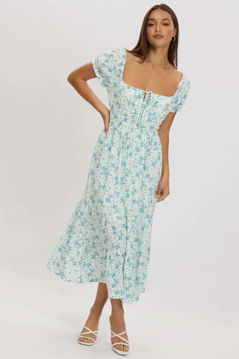 Blue Floral Maxi Dress Puff Sleeve