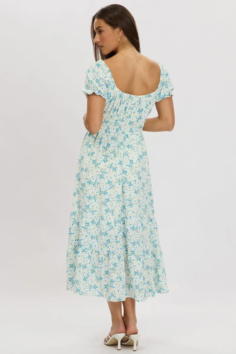 Blue Floral Maxi Dress Puff Sleeve