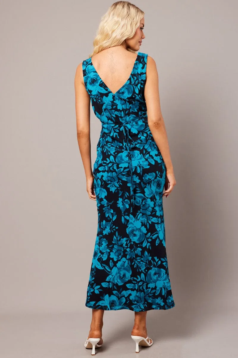 Blue Floral Maxi Dress V-Neck Sleevelss