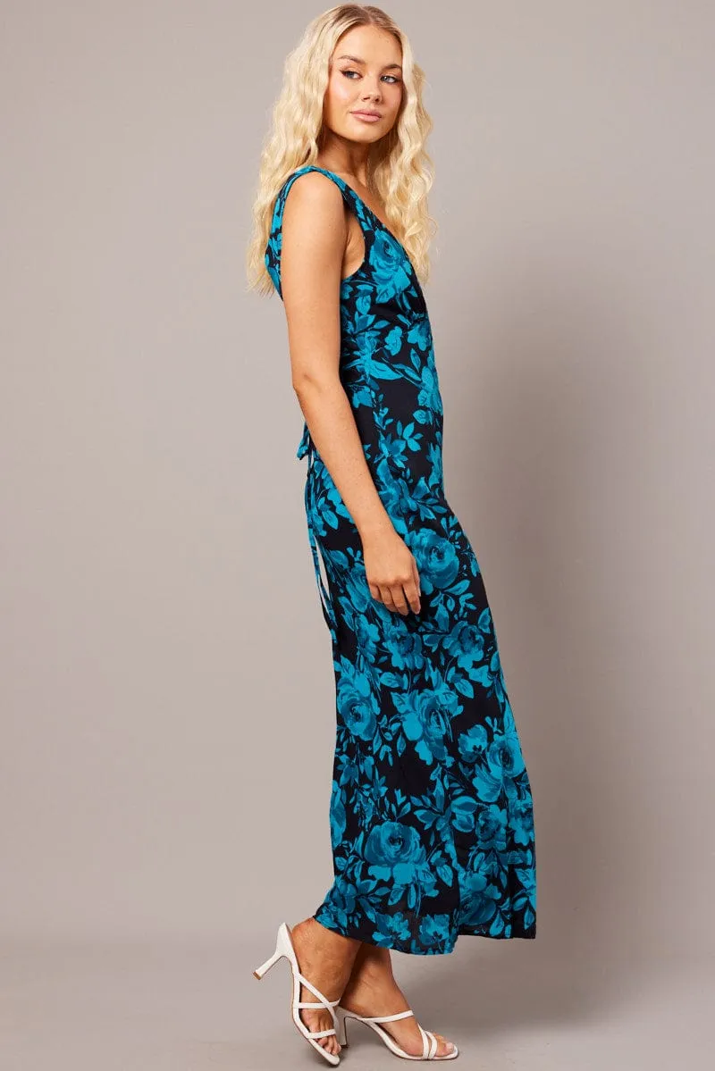 Blue Floral Maxi Dress V-Neck Sleevelss