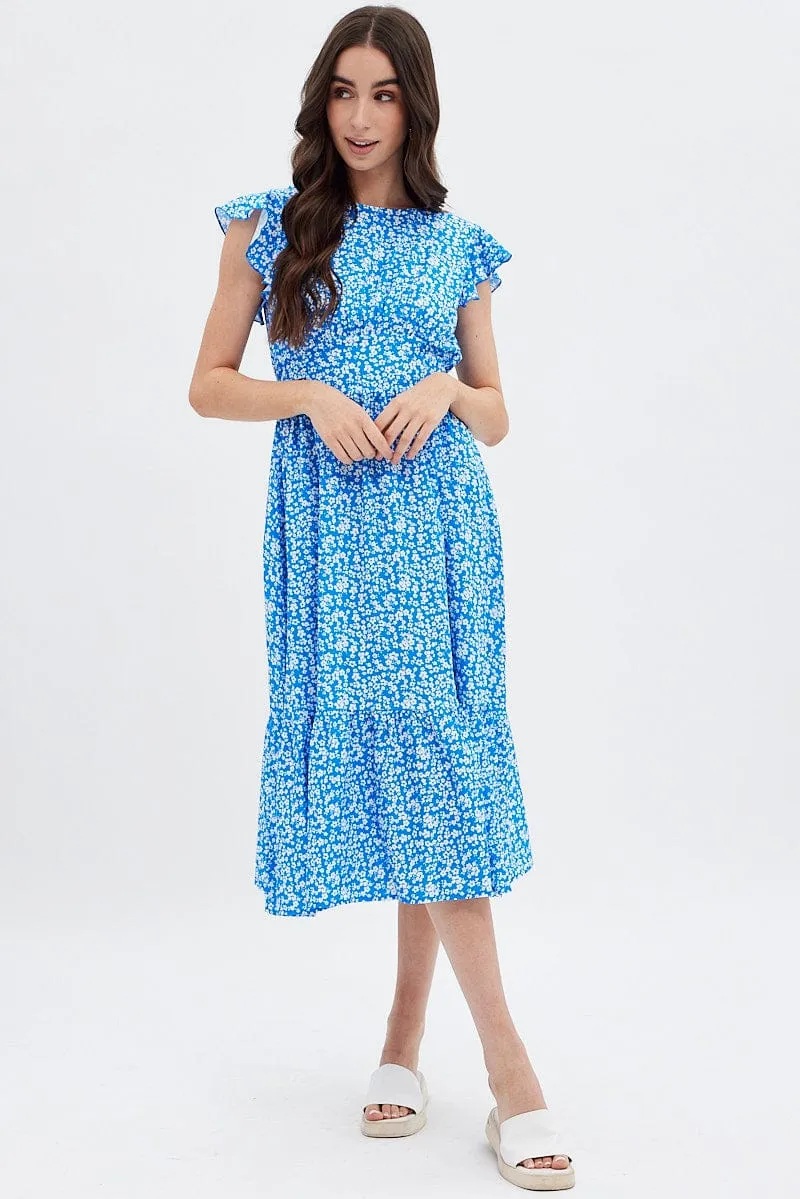 Blue Floral Tie Back Midi Dress