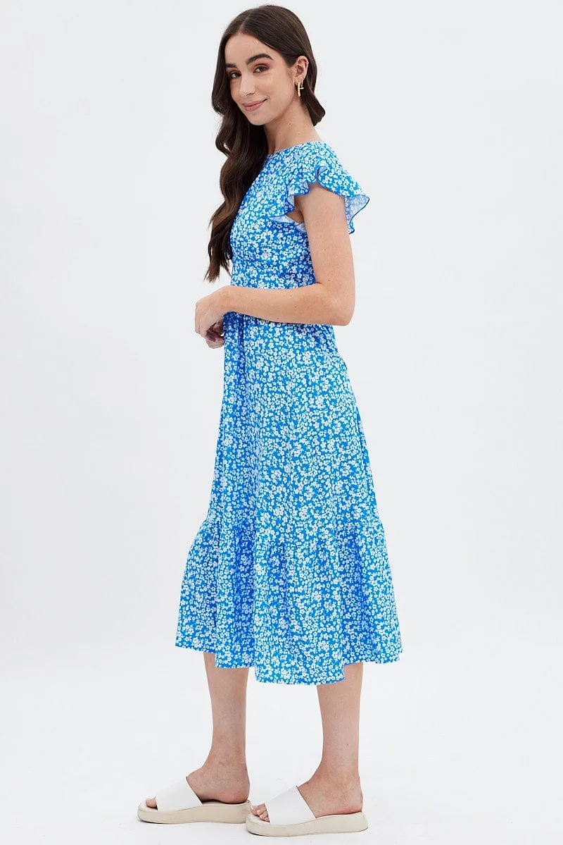 Blue Floral Tie Back Midi Dress