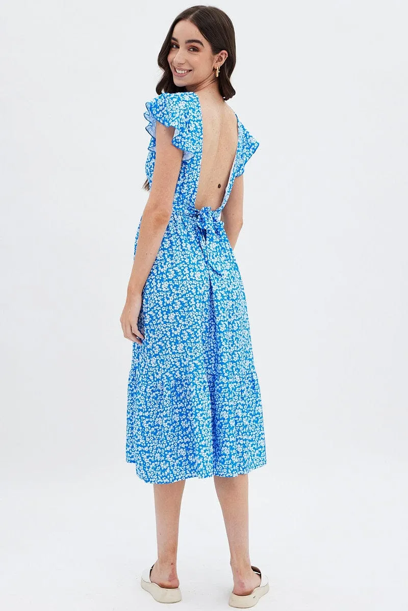 Blue Floral Tie Back Midi Dress