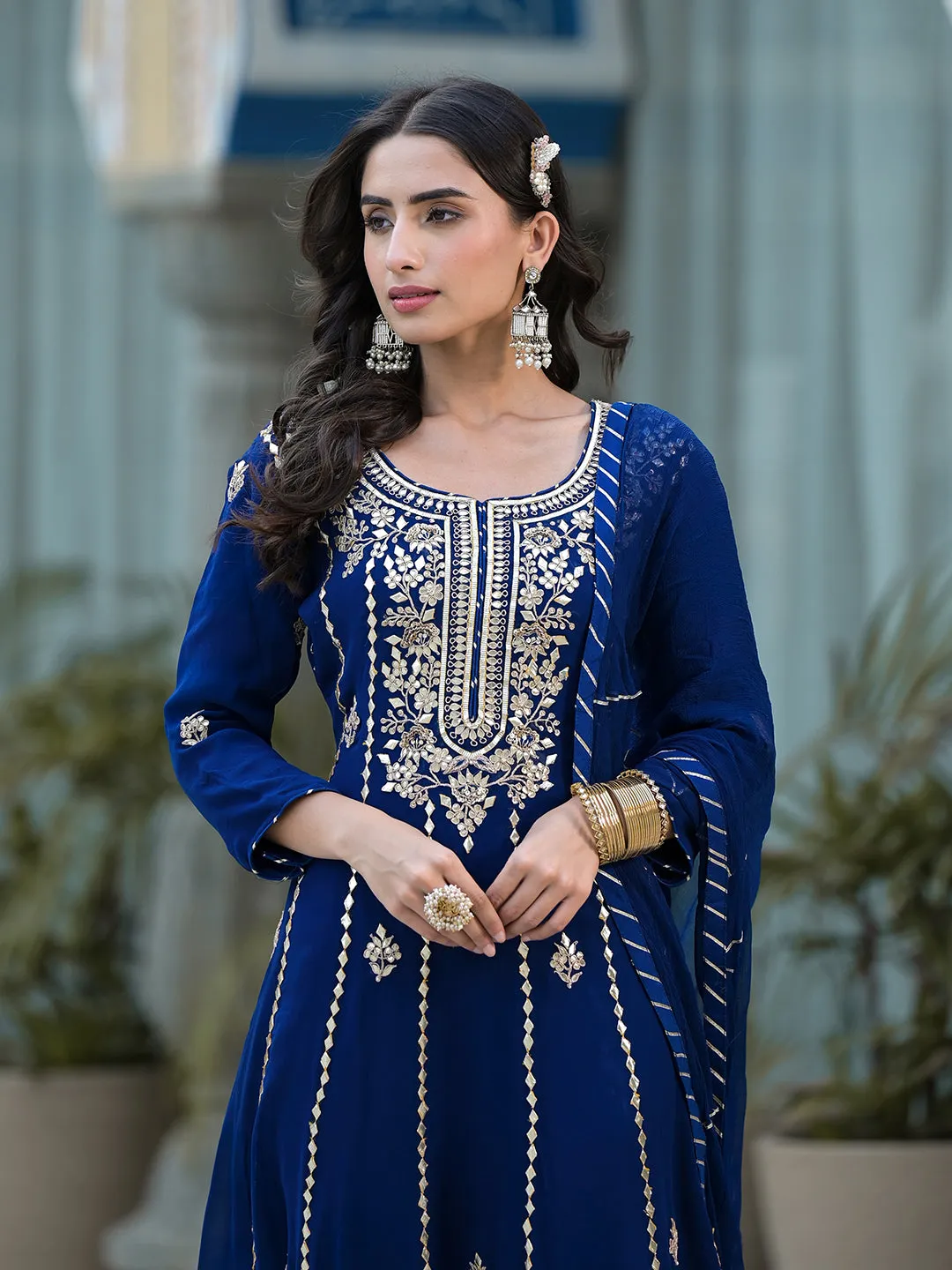 Blue Gota Patii work Georgette Long Kurta with Shantoon Lining with Dupatta