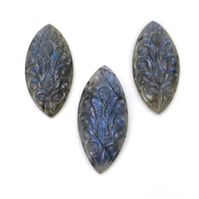 BLUE LABRADORITE Gemstone Carving: 58.50cts Natural Untreated Labradorite Gemstone Hand Carved  Marquise 31*15mm - 35*16mm 3pcs (With Video)