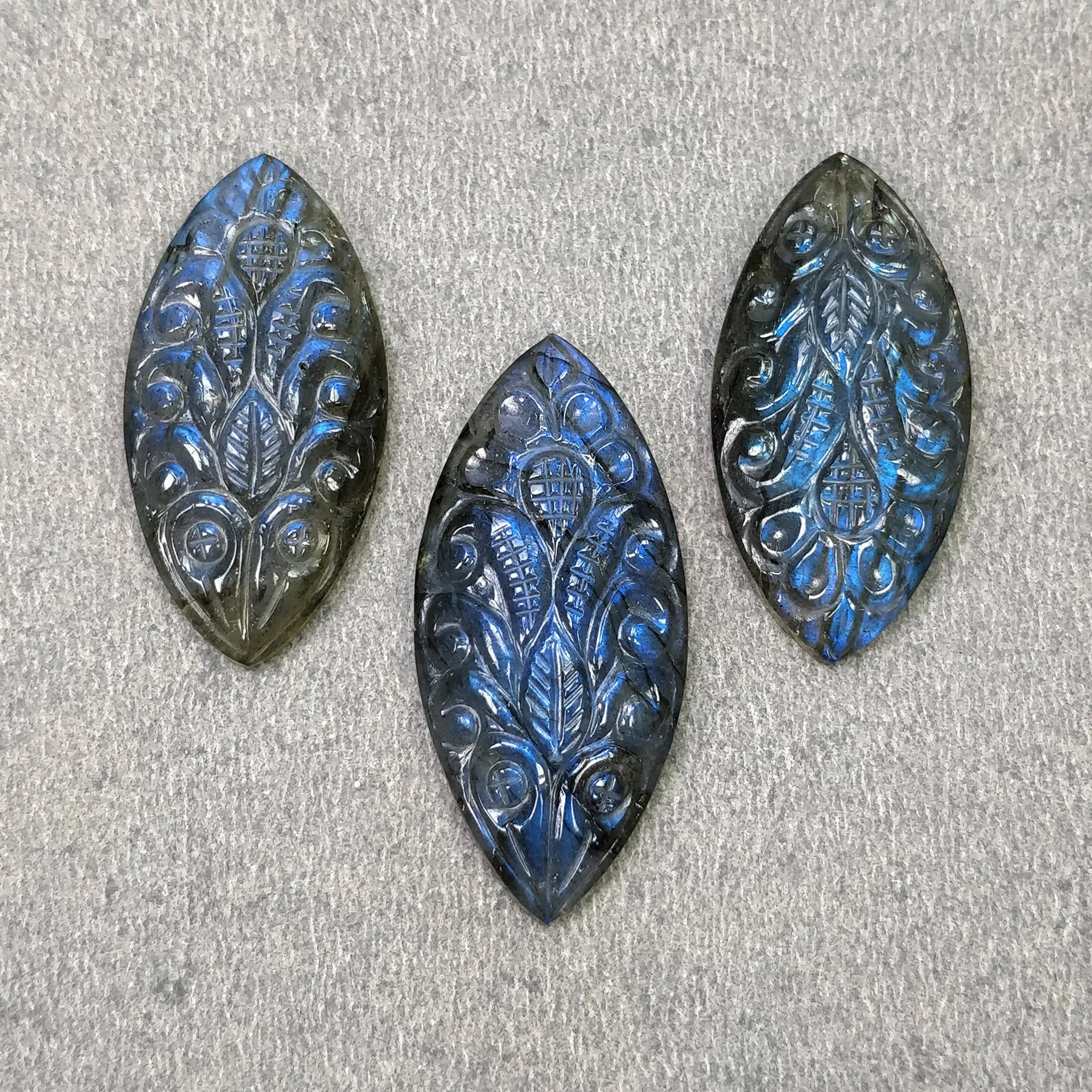 BLUE LABRADORITE Gemstone Carving: 58.50cts Natural Untreated Labradorite Gemstone Hand Carved  Marquise 31*15mm - 35*16mm 3pcs (With Video)