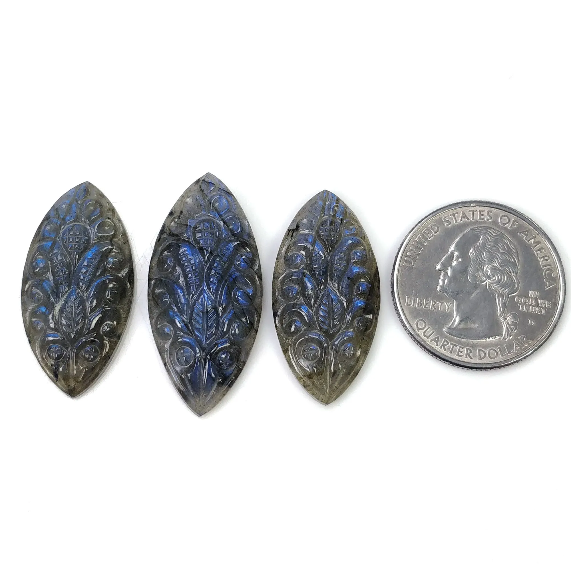 BLUE LABRADORITE Gemstone Carving: 58.50cts Natural Untreated Labradorite Gemstone Hand Carved  Marquise 31*15mm - 35*16mm 3pcs (With Video)