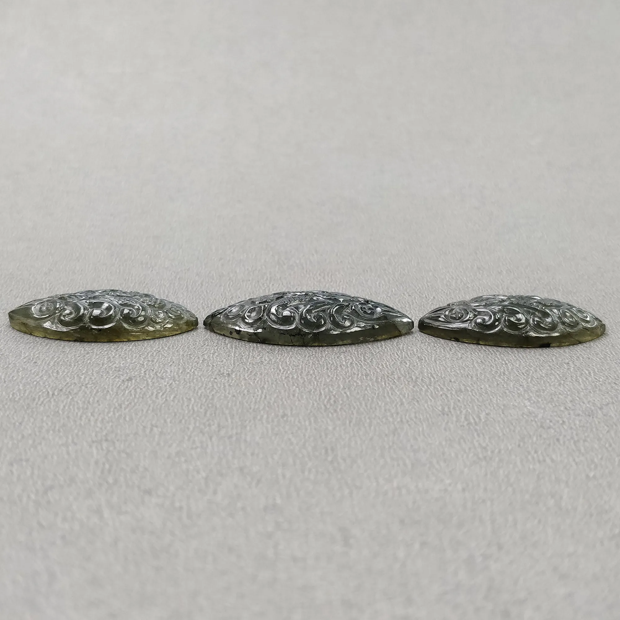 BLUE LABRADORITE Gemstone Carving: 58.50cts Natural Untreated Labradorite Gemstone Hand Carved  Marquise 31*15mm - 35*16mm 3pcs (With Video)