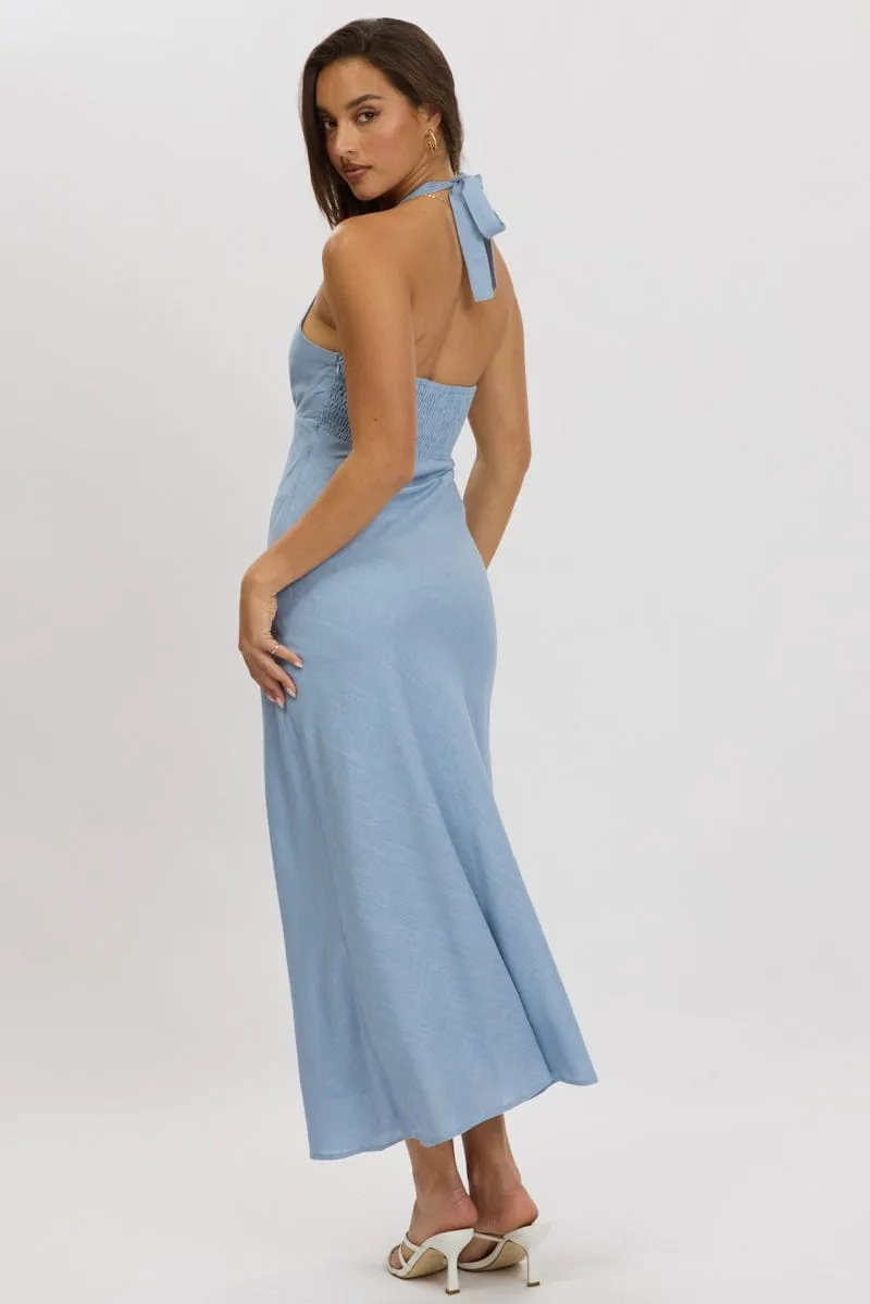 Blue Midi Dress Halter Neck