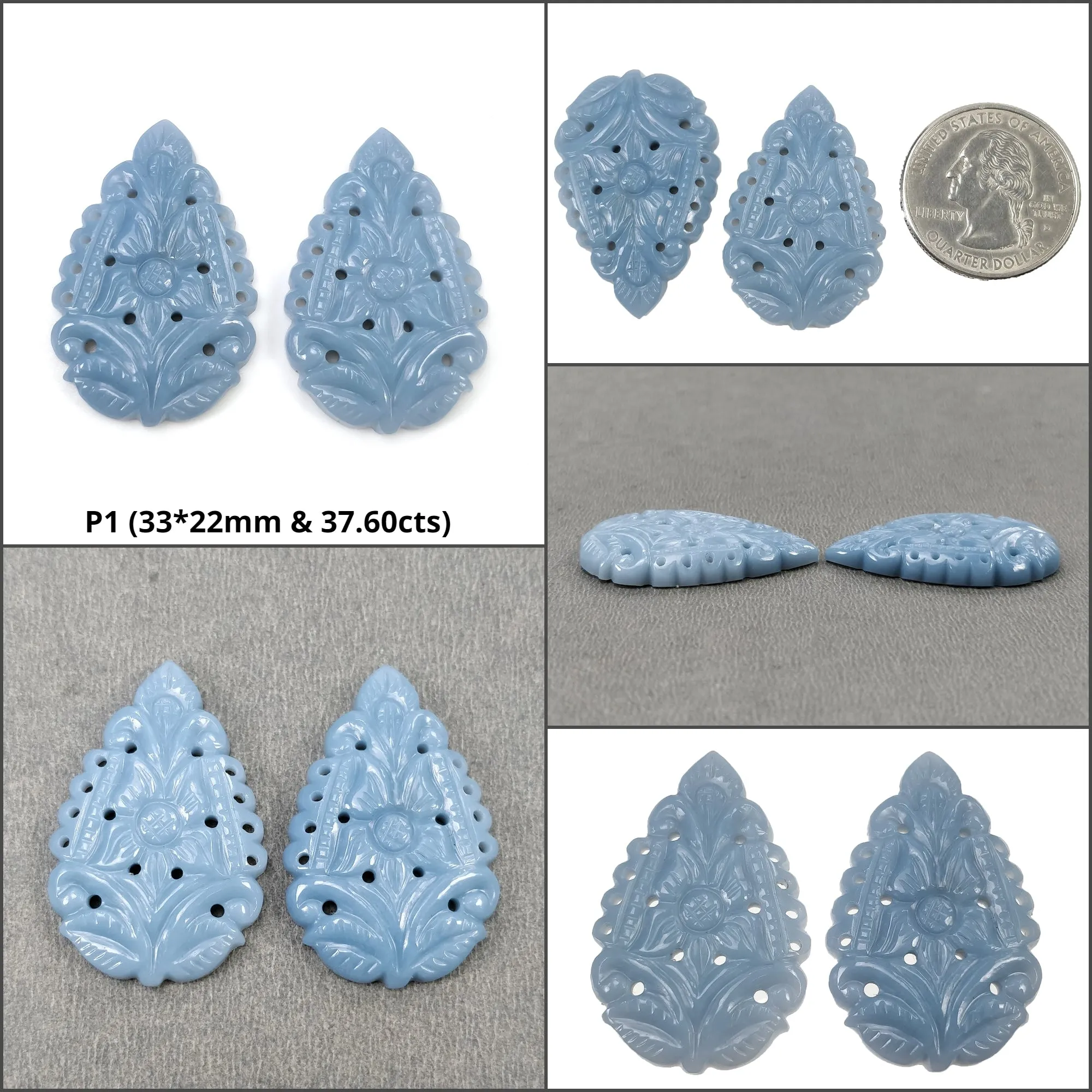 Blue Opal Gemstone Carving : Natural Color Enhanced Opal Hand Carved Pear & Uneven Shape Pairs