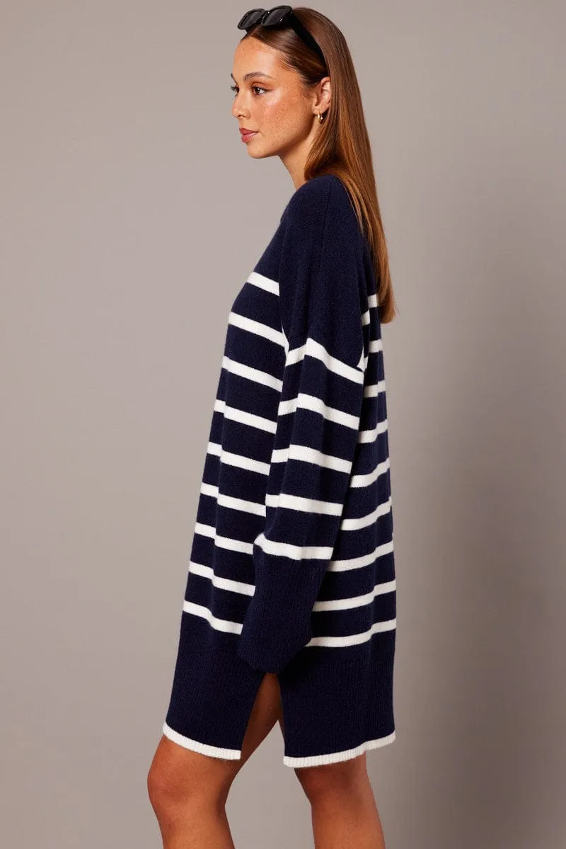 Blue Stripe Knit Dress Long Sleeve