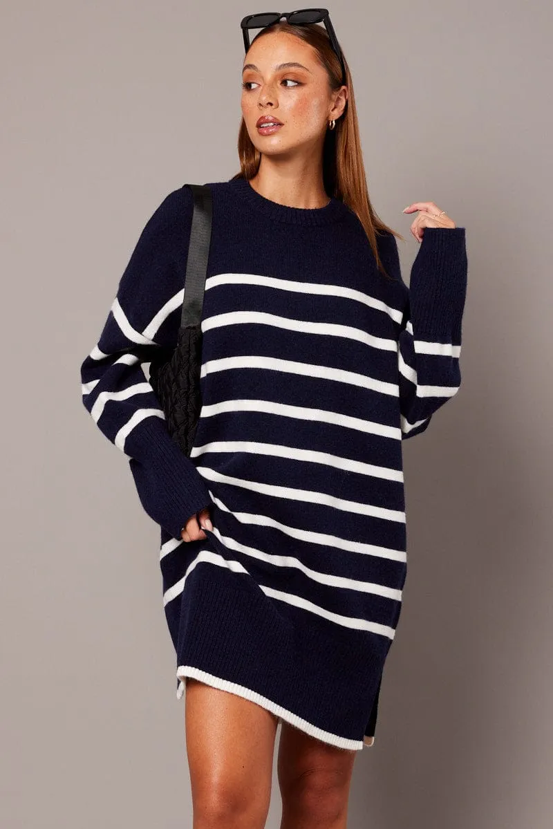 Blue Stripe Knit Dress Long Sleeve