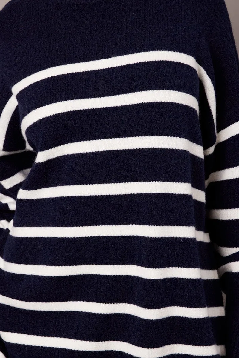 Blue Stripe Knit Dress Long Sleeve