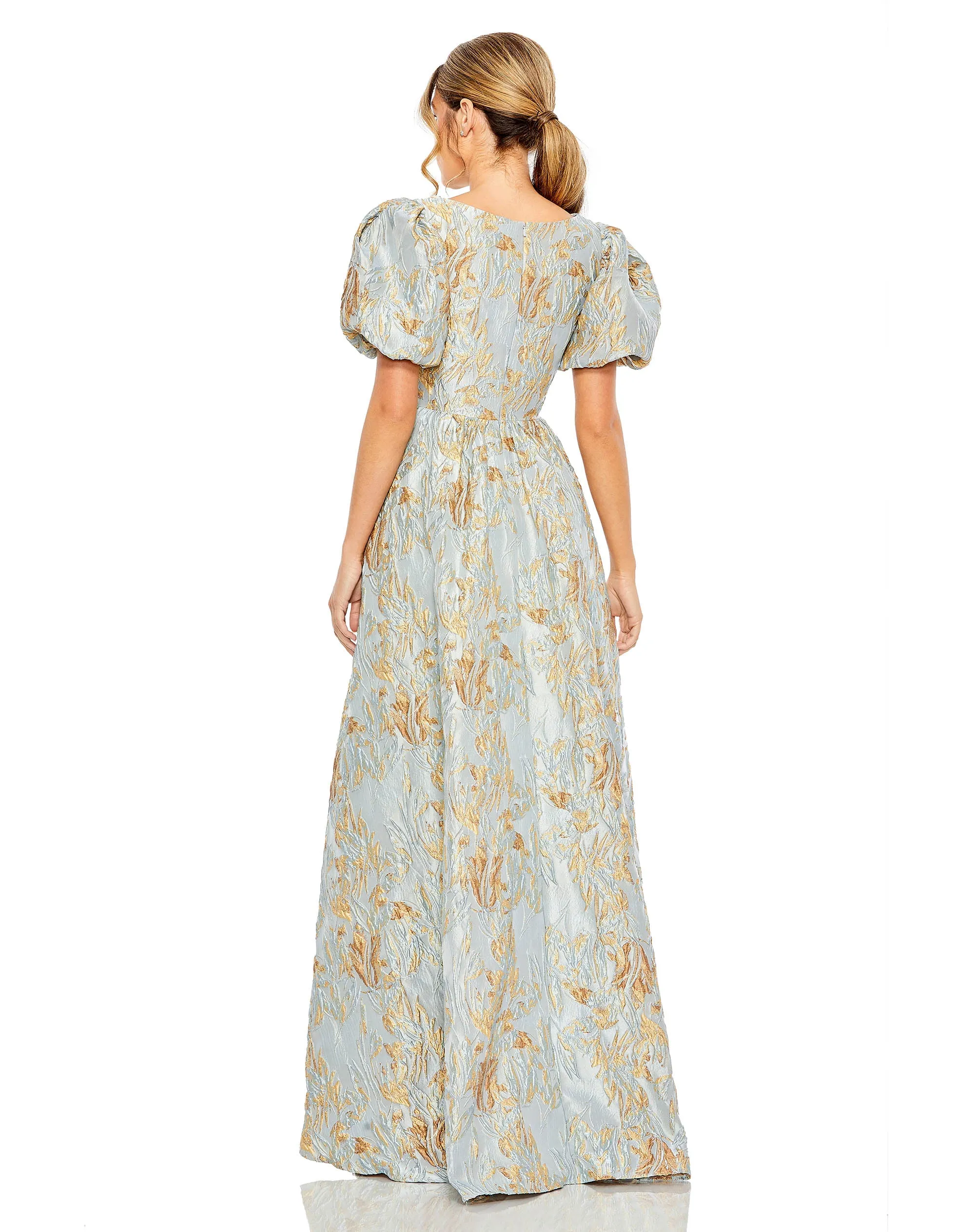 Brocade Puff Sleeve High Low Gown