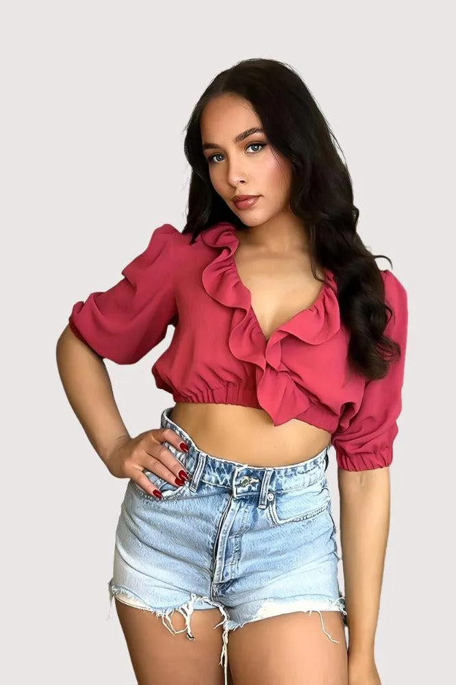 Burgundy Frilled Deep Plunge Crop Top