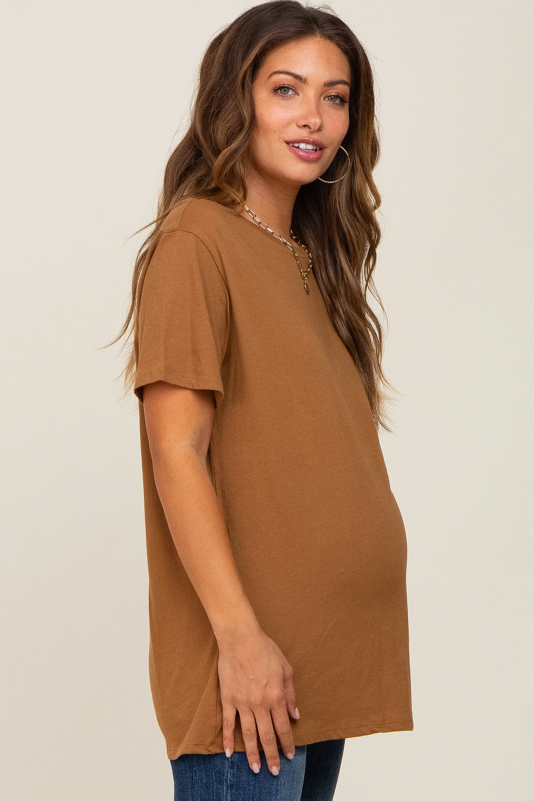 Camel Oversized Short Sleeve Maternity Top