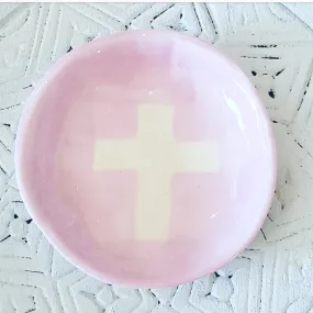 Ceramic trinket dish white cross design in pink