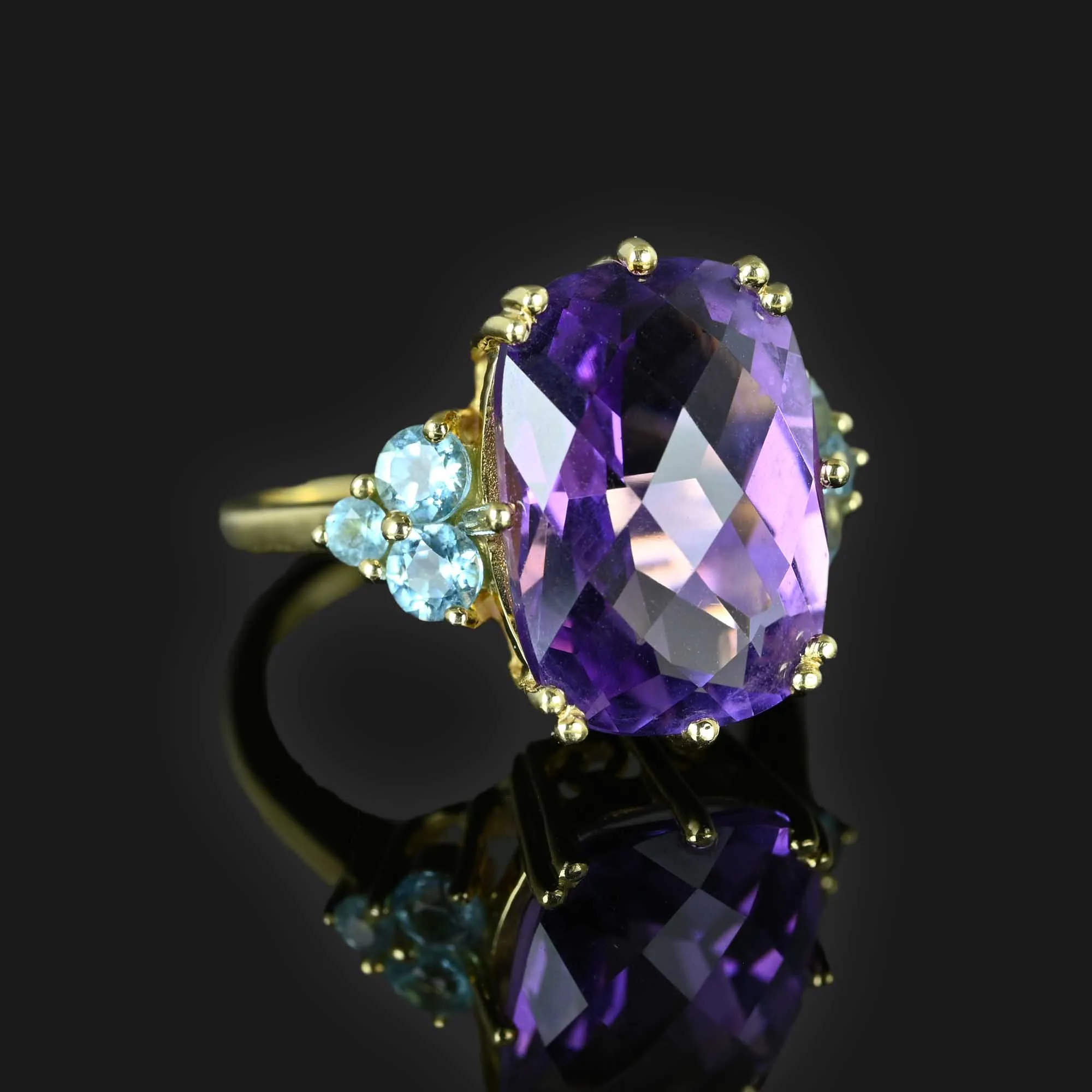 Checkerboard Cut Amethyst and Blue Topaz Ring in 14k Gold