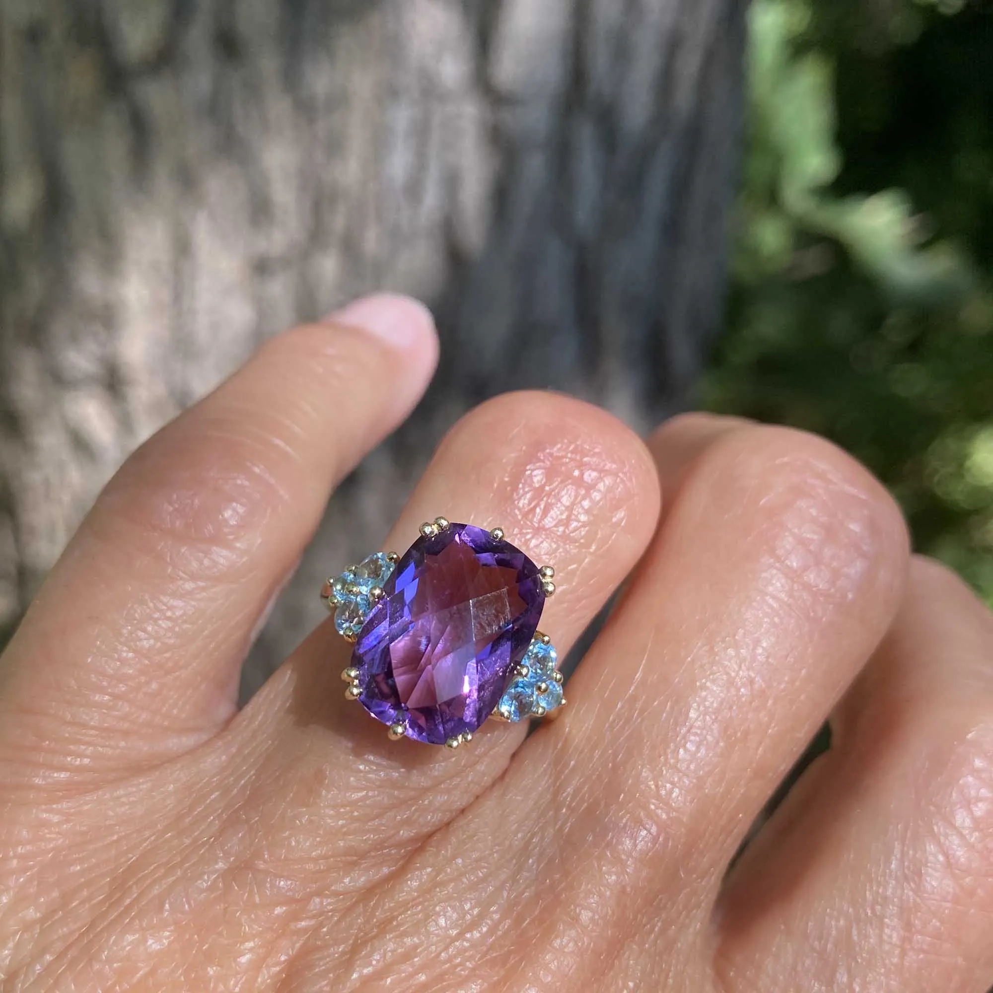 Checkerboard Cut Amethyst and Blue Topaz Ring in 14k Gold