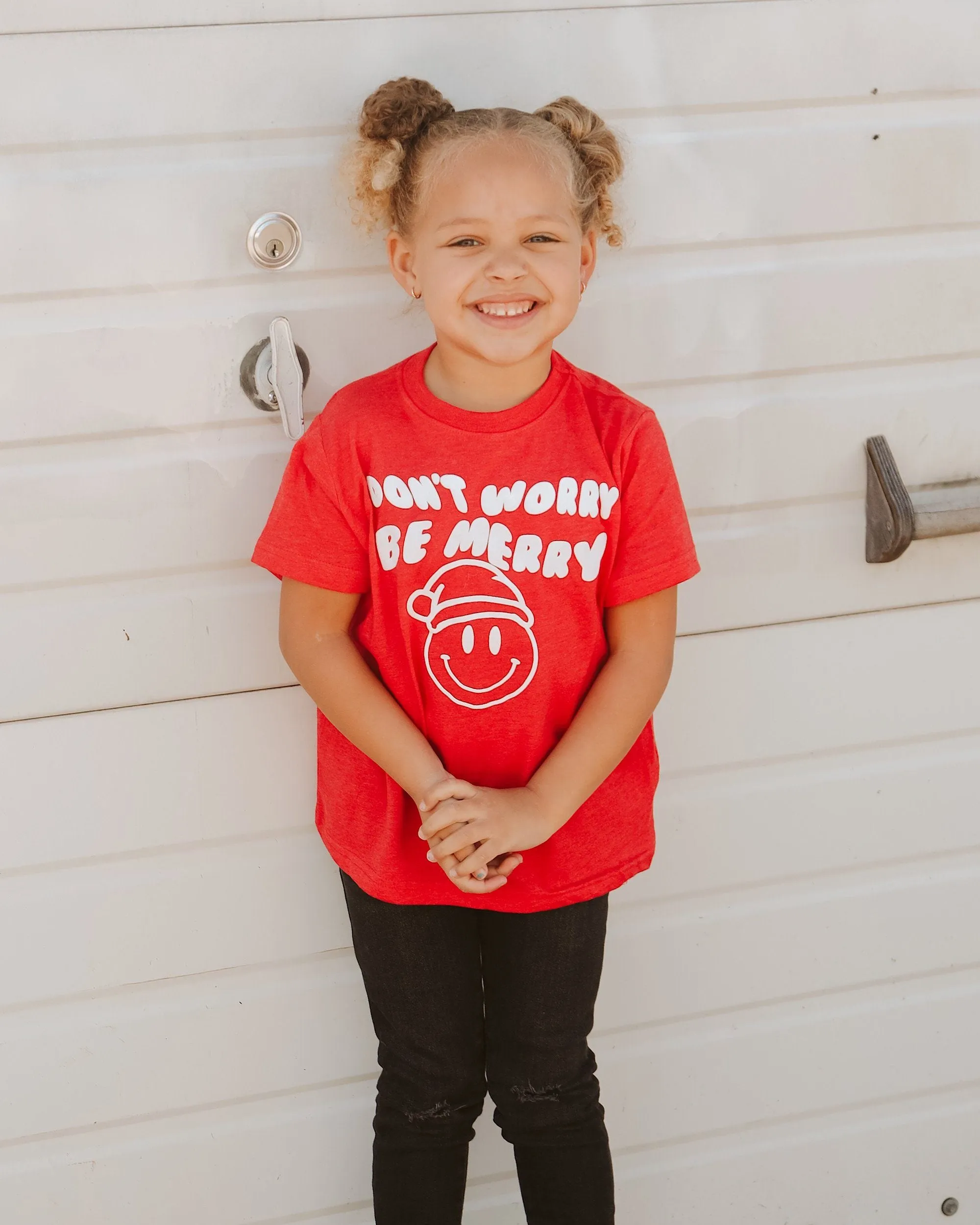 Children's Don't Worry Be Merry Red Puff Ink Tee