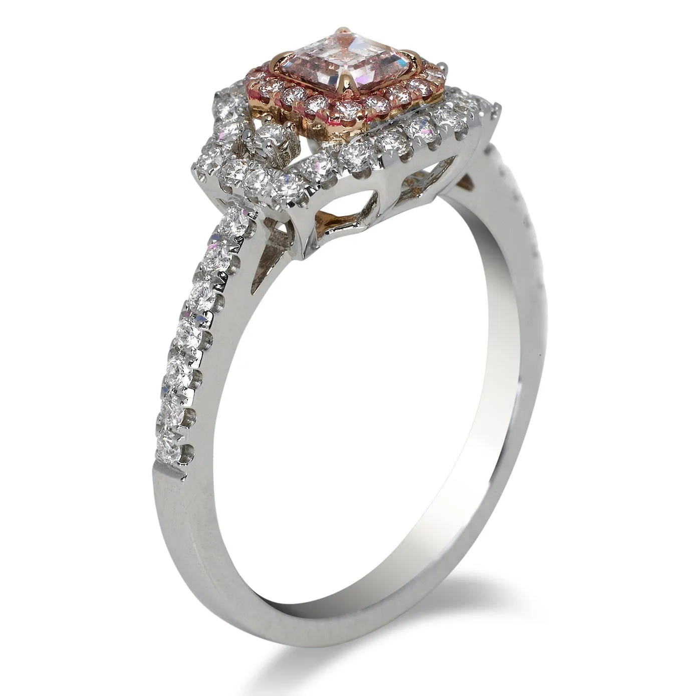 COPPELIA HALO ASSCHER CUT FANCY PINK DIAMOND ENGAGEMENT RING 18K ROSE WHITE GOLD GIA CERTIFIED 0.35 CT BY MIKE NEKTA