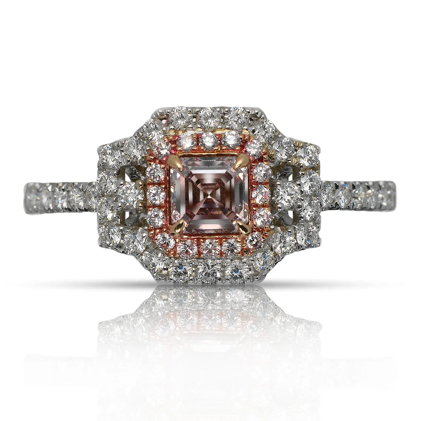 COPPELIA HALO ASSCHER CUT FANCY PINK DIAMOND ENGAGEMENT RING 18K ROSE WHITE GOLD GIA CERTIFIED 0.35 CT BY MIKE NEKTA