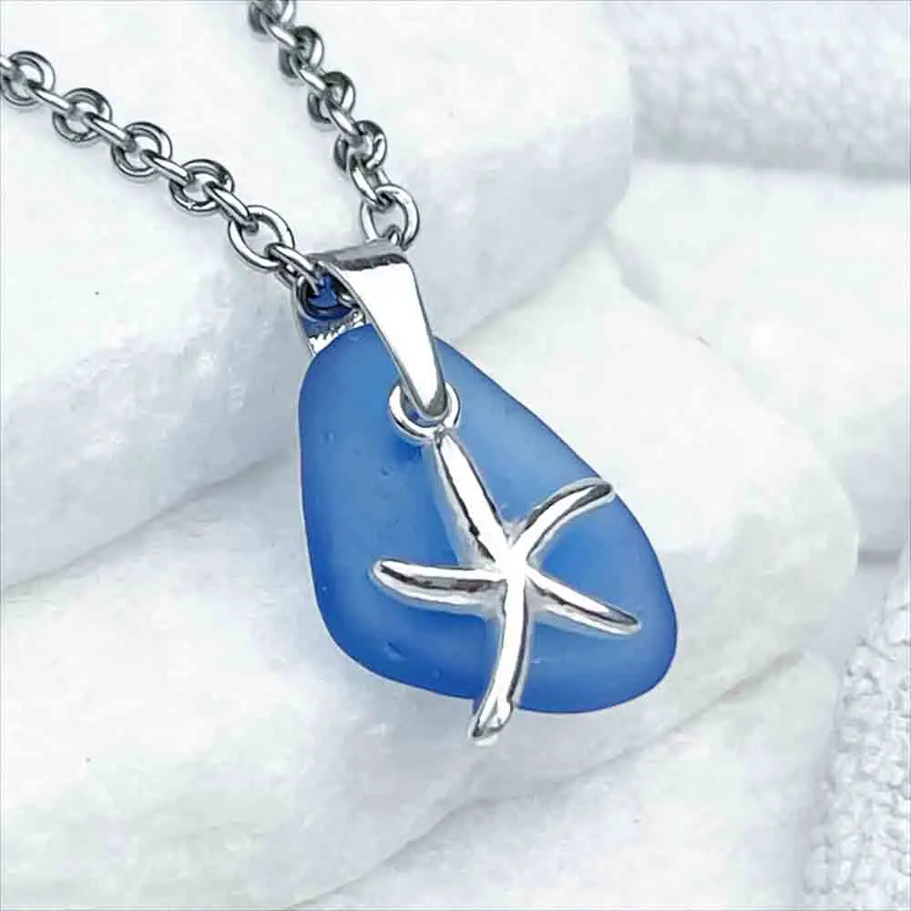 Cornflower Blue Sea Glass Pendant with Whimsical Sterling Silver Starfish | 5260