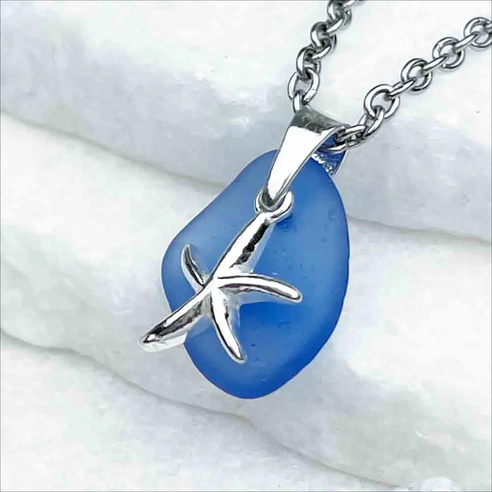 Cornflower Blue Sea Glass Pendant with Whimsical Sterling Silver Starfish | 5260