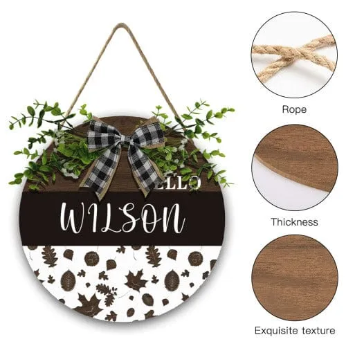 Custom Name Leaf Christmas Door Hanger Welcome Personalized Wood Circle Sign Round Welcome Sign Front Door Decor