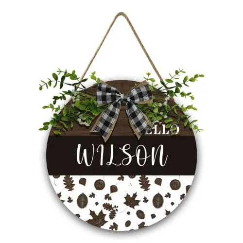 Custom Name Leaf Christmas Door Hanger Welcome Personalized Wood Circle Sign Round Welcome Sign Front Door Decor