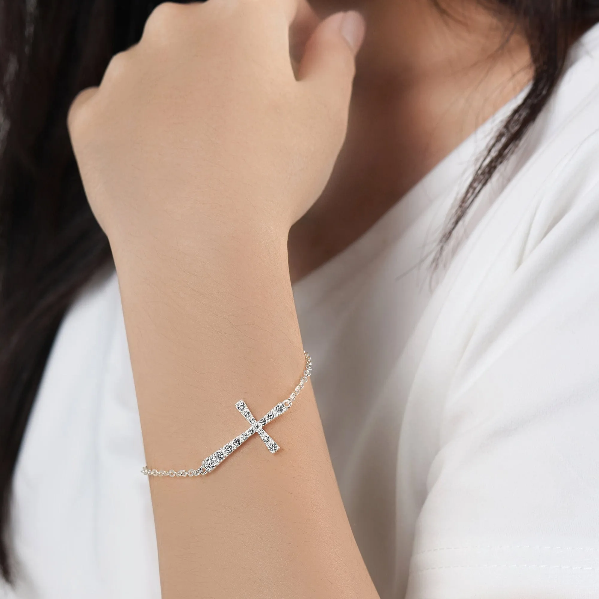 CZ Sideways Cross Bracelet Sterling Silver