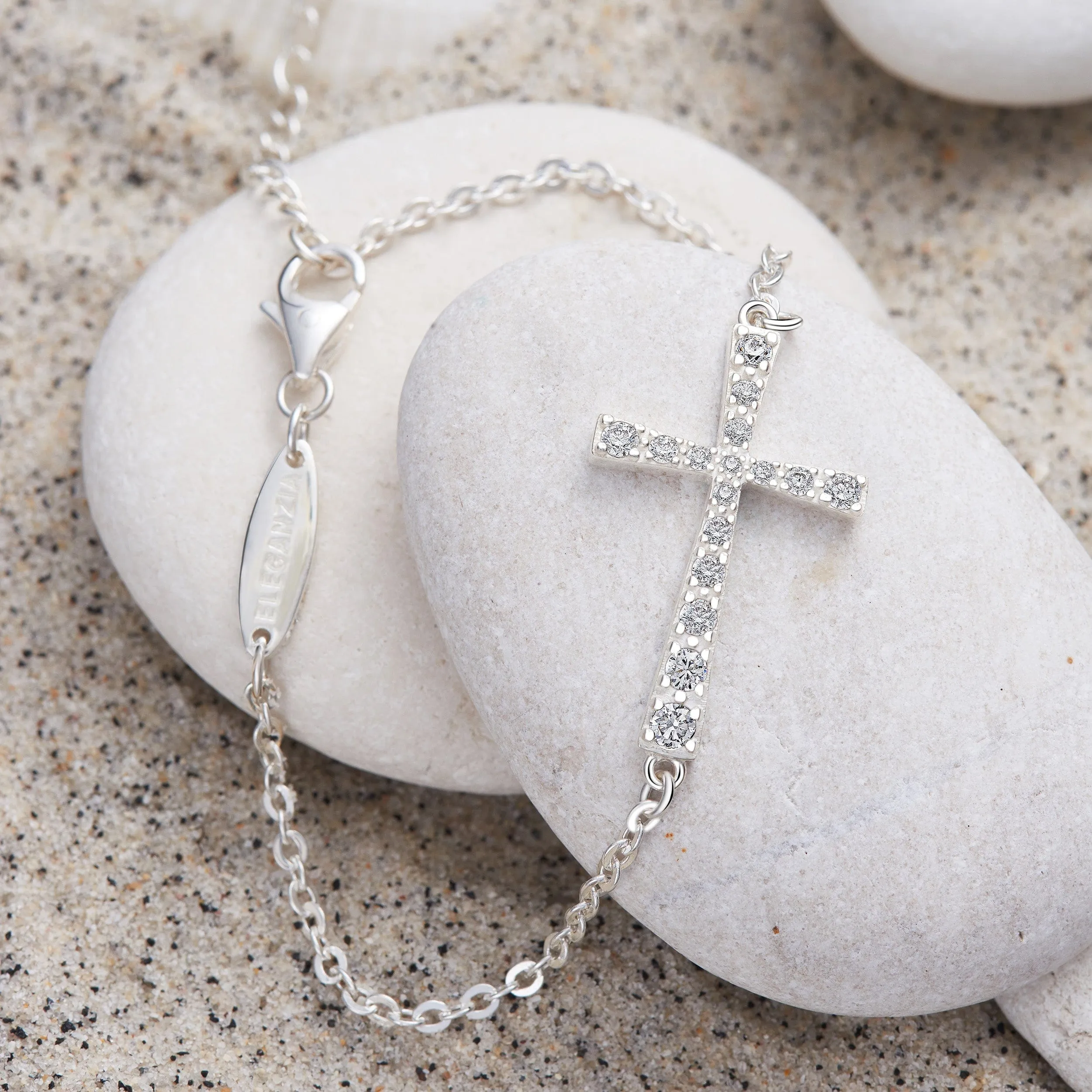 CZ Sideways Cross Bracelet Sterling Silver