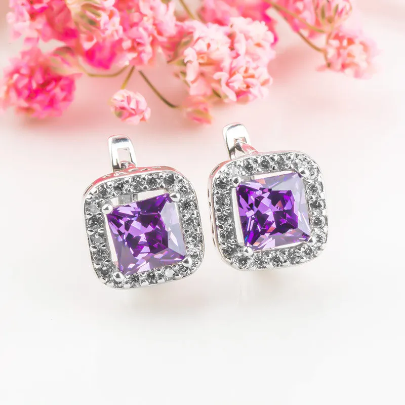 CZ Zircon Silver Square Shaped Huggie Hoop Earrings