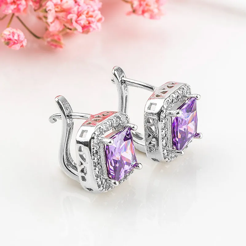 CZ Zircon Silver Square Shaped Huggie Hoop Earrings