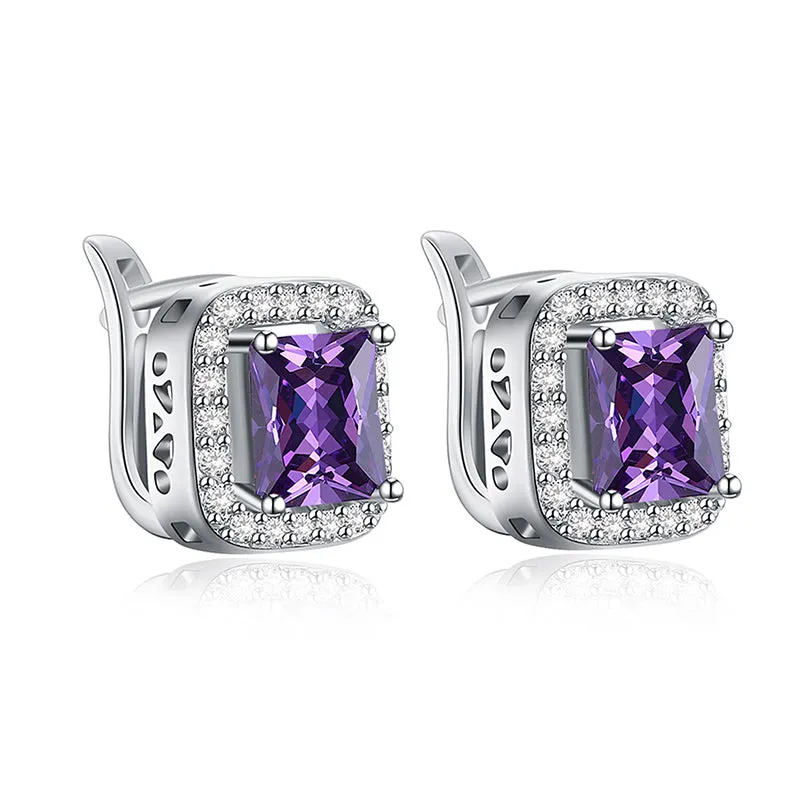 CZ Zircon Silver Square Shaped Huggie Hoop Earrings