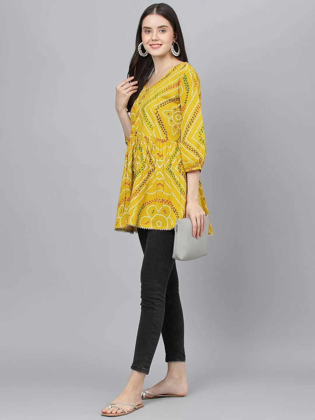 Divena Mustard Bandhani Printed Cotton Peplum Top