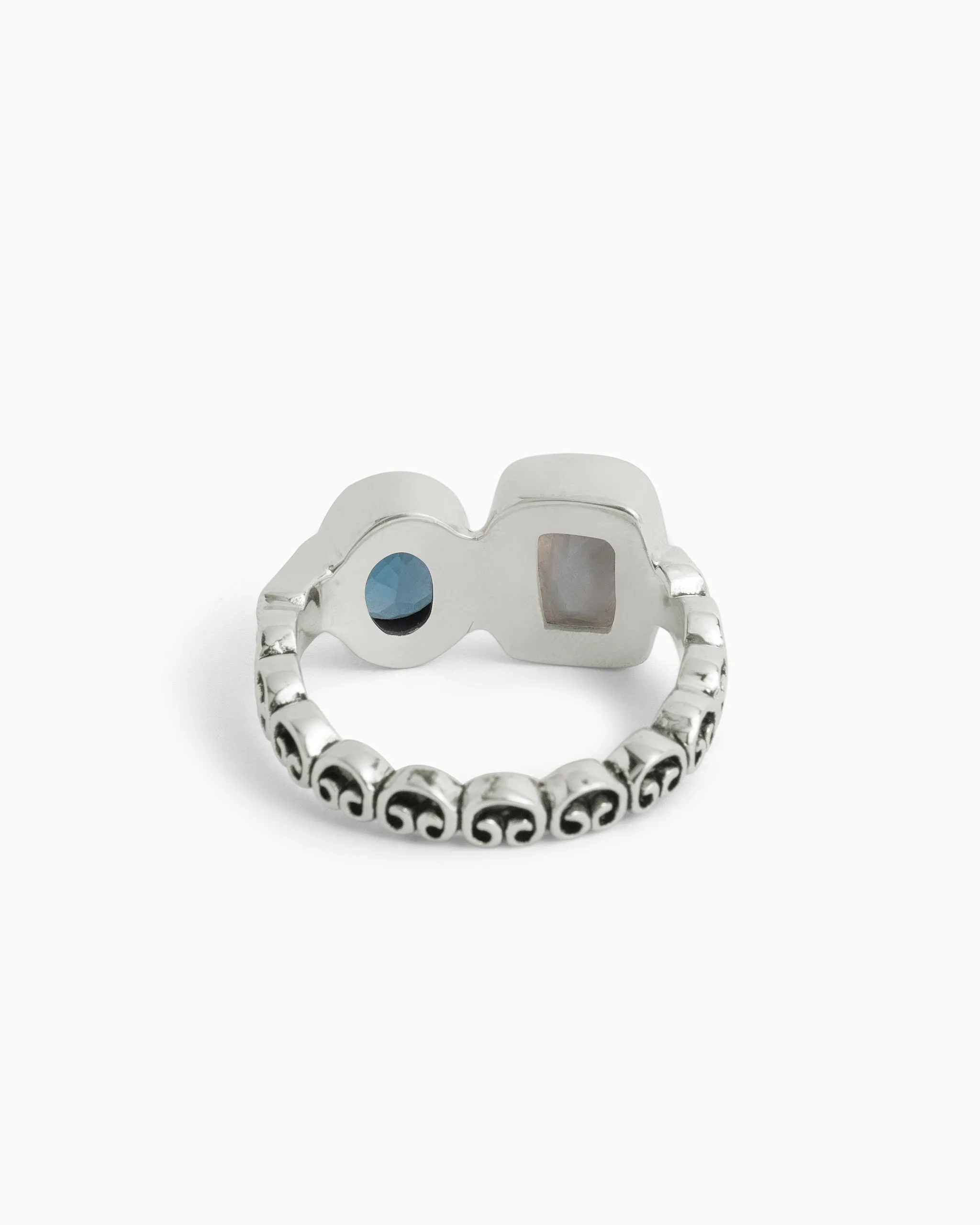 Double Stone Cocktail Ring with Petroglyph Band - London Blue Topaz/Moonstone