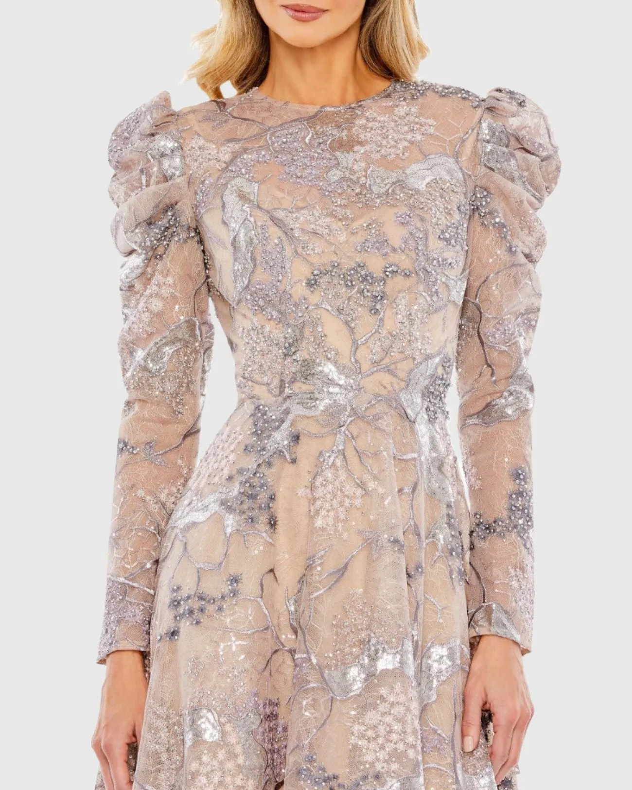 Embellished High Neck Puff Sleeve A-Line Dress